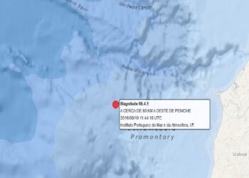 Sismo de 4.1 a 80 km a Oeste de Peniche sentido a Sul