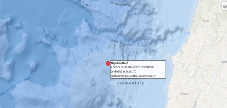 Sismo de 4.1 a 80 km a Oeste de Peniche sentido a Sul