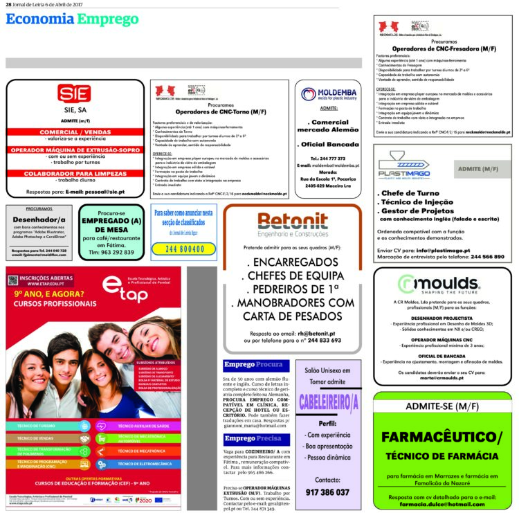 Veja aqui as mais recentes ofertas de emprego no JORNAL DE LEIRIA