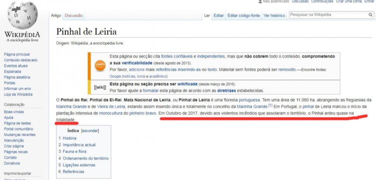 Pinhal de Leiria já é verbo no pretérito na Wikipedia