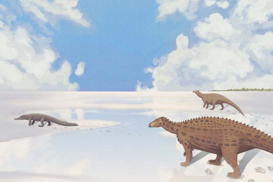 Reconstrução do aspeto da paisagem e dos produtores das pegadas feita por  Alexandre Fonseca
